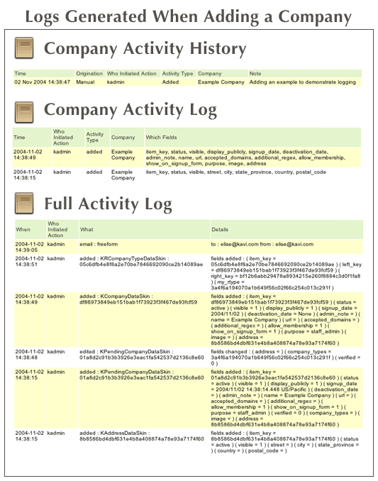 Screenshot showing differing levels of detail in the three logs recorded when adding a company.